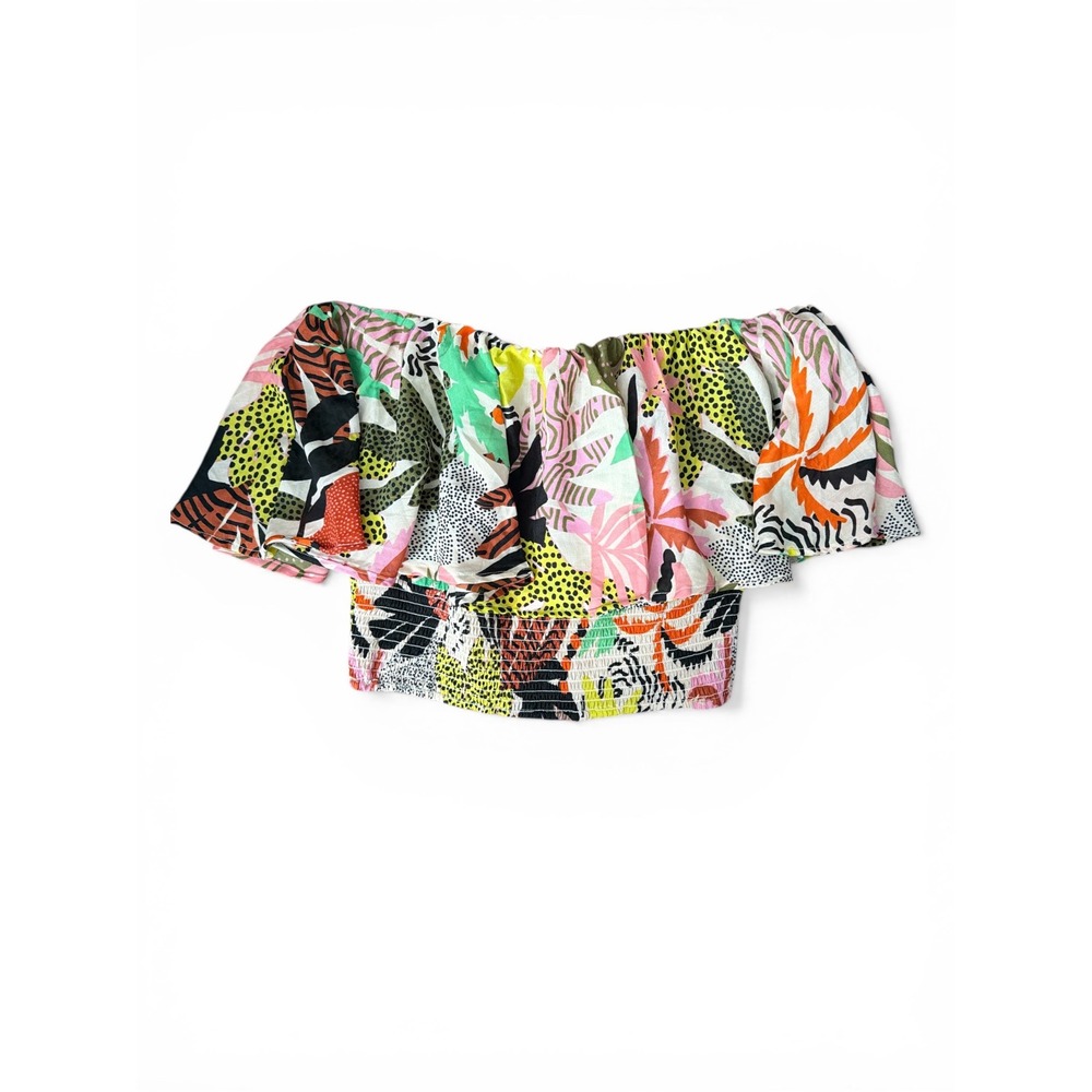 Violet Sky Womens Tropical Jungle Print Smocked Off‎ Shoulder Crop Top XL